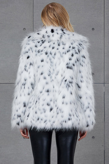White Leopard Print Lapel Neck Faux Fur Women Coat